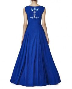 Royal Blue Color Gown Anarkali Cotton Dress With Embroidered Neckline, Blue Embroidered Dress For Wedding, Blue Embroidered Dress For Wedding With Intricate Embroidery, Blue Embroidered Wedding Dress With Intricate Details, Blue Embroidered Wedding Dress With Intricate Embroidery, Blue Wedding Dress With Intricate Embroidery, Blue Floor-length Embroidered Dress For Wedding, Fitted Dress With Embroidered Neckline For Reception, Designer Blue Gown With Intricate Embroidery