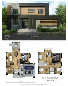 two story house plans with different floor plans for the front and back of the house