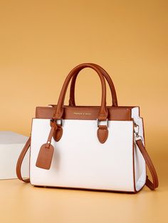 White Elegant Collar  PU Leather Colorblock,Letter Square Bag Embellished   Women Bags Ladies Purses Handbags Style, Women Bags Fashion Handbags, Trending Handbags, Stylish Purse, Trendy Handbags, Stylish Bag