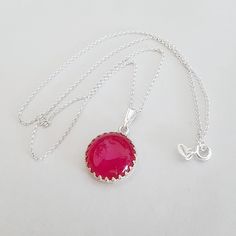 Sterling Silver Hot Pink Jade Necklace, Round Fuchsia Magenta Cerise Pink Cabochon Necklace, Choose Your Length by TemporalFlux on Etsy Pink Cabochon Necklaces For Gift, Pink Necklace With Bezel Setting For Gift, Pink Cabochon Round Necklace, Pink Round Cabochon Necklace, Fuchsia Necklace, Cabochon Necklace, Pink Jade, Cerise Pink, Lock Necklace