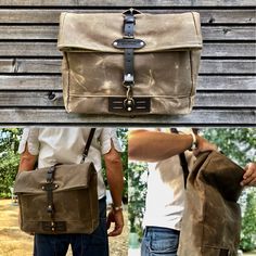 "This messenger bag made in heavy weight waxed filter twill , the color is ranger tan. (also available in other colors) I made it into a durable messenger bag / musette , for all types of weather, this bag is waterresistant, perfect for use when bike riding, or hiking in the woods . There is a double outside pocket on the front side and a double outside pocket on the backside. Fully lined with a cotton canvas and double inside pocket,closes with a clasp and buckle and strap closing. fits up to a Canvas Backpack Pattern, Tactical Wear, Laptop Messenger Bags, Backpack Pattern, Bags Handmade, Bike Riding, Canvas Messenger Bag, Leather Projects, Canvas Backpack