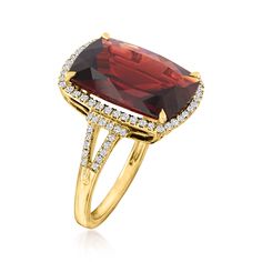 Ross-Simons - 13.00ct Garnet, .40ct t. w. Diamond Ring Emerald Cut in 14kt Yellow Gold. Size 7. Give your ring collection an upgrade with this stunning piece! A 13.00 carat cushion-cut garnet is trimmed by .40 ct. t. w. round brilliant-cut diamonds in polished 14kt yellow gold. 3/4" wide. Diamond and garnet ring. Garnet birthstones are the perfect gift for January birthdays. Elegant Evening Rings With Center Stone, Exquisite Evening Gemstone Rings, Elegant 14k Gold Diamond Ring For Evening, Elegant Evening Diamond Ring With Gemstone, Elegant Evening Diamond Ring With Center Stone, Exquisite Yellow Gold Rings For Evening, Elegant Yellow Gold Topaz Ring With Baguette Cut, Elegant Yellow Gold Topaz Ring Baguette Cut, Elegant Cushion Cut Ruby Ring For Wedding