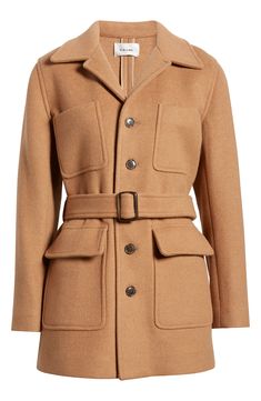 This woolly longline jacket is designed with a defining belt and roomy flap pockets. 31" length Front button closure Notched lapels Attached belt Front flap pockets 40% wool, 30% lyocell, 30% polyamide Dry clean Made in Portugal Belted Beige Business Outerwear, Belted Beige Outerwear For Business, Classic Belted Outerwear For Work, Classic Outerwear With Notch Lapel And Belt Loops, Belted Brown Outerwear For Business, Beige Wool Coat With Belted Cuffs For Work, Classic Outerwear With Belt Loops For Work, Brown Belted Cuffs Office Outerwear, Classic Beige Outerwear With Belt Loops