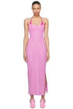 Miaou: SSENSE Exclusive Pink Thais Maxi Dress | SSENSE Fitted Seamless Midi Dress With Spaghetti Straps, Fitted Slip Dress With Built-in Bra For Spring, Fitted Sleeveless Mesh Midi Dress, Summer Bodycon Mesh Dress In Nylon, Summer Bodycon Nylon Mesh Dress, Spring Backless Stretch Mesh Dress, Backless Stretch Mesh Dress For Spring, Spring Stretch Backless Mesh Dress, Summer Maxi Dress With Adjustable Straps And Stretch