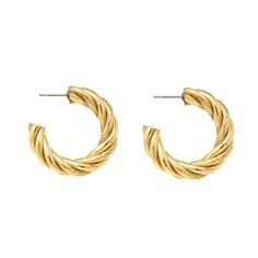 Sun & Moon Collection Measurements: 1.25"L x 1.25"W Metal: 24 kt gold electroplated Hypoallergenic Post Earring Hand made in New York City, USA Made to order Questions? Gold Jewelry Collection, Twist Hoop Earrings, Fashion Silhouette, Jewelry Staples, Chunky Earrings, Moon Collection, 24kt Gold, Classic Gold, Gold Collection