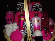 a basket filled with lots of pink items