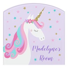 a pink and blue unicorn head with stars on it's forehead is in front of the words, madelyne's room