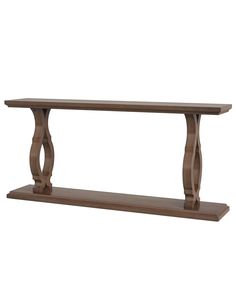 a wooden shelf with two long legs and an intricate design on the top, against a white background