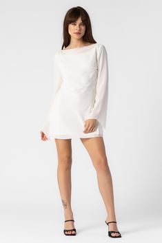 Long sleeve mini dress in the color off white. Chic Long Sleeve Mesh Dress For Spring, Long Sleeve Mesh Dress With Sheer Sleeves For Summer, Chic Long Sleeve Mesh Dress For Summer, Long Sleeve Sheer Mini Dress, Spring Mini Dress With Long Mesh Sleeves, Long Sleeve Mini Dress With Mesh Sleeves For Spring, Summer Dresses With Long Mesh Sleeves, Sheer Long Sleeve Mini Dress For Cocktail, Long Sleeve Chiffon Mini Dress For Evening