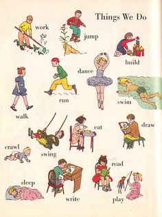 an old children's book with pictures of people doing different things