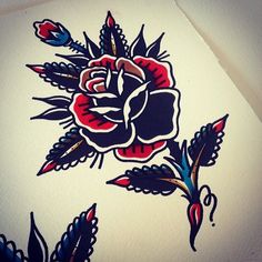 a drawing of a rose with feathers on it's back and red, white, and blue flowers in the middle