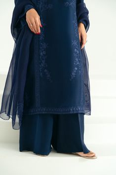 Evara Blue Embroidered Palazzo Set For Designer Outfits, Designer Blue Palazzo Set With Embroidered Border, Embroidered Silk Blue Palazzo Set, Traditional Indigo Sets With Dupatta, Blue Silk Palazzo Set With Sheer Dupatta, Blue Cotton Silk Salwar Kameez With Embroidered Border, Blue Silk Sets For Diwali, Blue Silk Set For Diwali, Indigo Dupatta With Resham Embroidery