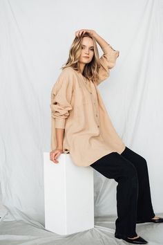 Linen shirt BOYFRIEND V neck  -long sleeves -large, oversized fit   - beige  buttons closure, comes with all colors shirts  -2  front pockets - V neck  -shirt length  32,6'' / 83cm ( from the back to the bottom of the shirt ) Large  fit, loose and  oversized. We recommend to order the size you wear for the look like on the model, or go size down for more oversized . Please be sure to check the measurements carefully if you decide to go size down or up Model is 175 cm 5'9'' tall, 60kg / 132 lb and wear size L, color sand DESCRIPTION: All our linen is pre-washed for an amazingly soft feel. Every time you wear the linen becomes softer and more beautiful.  All our linen  comes in a linen storage bag.  -Made from Oeko-Tex certified 100%  pure French linen,Fabric Weight-160 GSM /light linen -Pre Beige Long Sleeve Top For Daywear, Trendy Beige Long Sleeve Shirt, Casual Long Sleeve Neutral Shirt, Beige Long Sleeve Button Shirt, Neutral Long Sleeve Casual Shirt, Oversized Long Sleeve Beige Blouse, Oversized Long Sleeve Shirt For Fall, Oversized Long Sleeve Fall Shirt, Neutral Long Sleeve Shirt For Spring