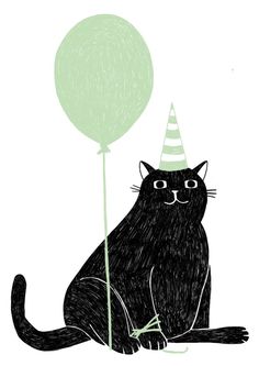 a black cat wearing a party hat and holding a green balloon