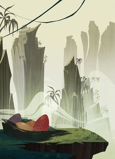 an illustration of a person floating in a boat on a body of water surrounded by mountains and palm trees