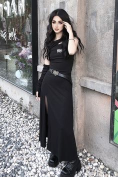 ❤︎ Dark Hooded Split Midi Dress❤︎ Dragon Hunter, Retro Punk, Hooded Dress, Black Dragon, Niche Design, Black Midi Dress, Punk Fashion, Belted Dress, Black Belt