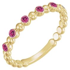 14KT Gold .18 CTW Round Pink Tourmaline Beaded Stackable Ring. Stacking Bands, Tourmaline Beads, Gold Platinum, October Birth Stone, Stackable Rings, 14kt Gold, Pink Tourmaline, Tourmaline, Or Rose