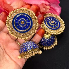 Brand New Gorgeous Oversized High Quality Indian Earrings. Gorgeous Golden Stones & Royal Blue Beaded Work Round Shaped On Top & Jhumka On Bottom Perfect For Any Occasions. Blue Bohemian Jhumkas For Festive Occasions, Festive Blue Tilla Jhumkas, Festive Blue Bohemian Jhumkas, Festive Bohemian Blue Jhumkas, Bohemian Blue Danglers For Wedding, Blue Bohemian Danglers For Wedding, Blue Latkan Danglers For Wedding, Blue Latkans Danglers Gift, Blue Latkans Danglers For Wedding