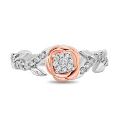 Disney Belle Inspired Diamond Promise Ring in 14K White Gold & Rose Gold 1/4 CTTW | Enchanted Disney Fine Jewelry Rose Centerpiece, Enchanted Disney, Enchanted Disney Fine Jewelry, Disney Belle, Disney Fine Jewelry, Diamond Promise Ring, Designer Diamond Jewellery, Sterling Silver Wedding Rings, Jewelry Roll