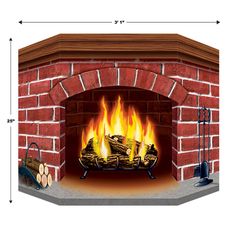 a brick fireplace with flames and logs on the side, measurements for each fire place