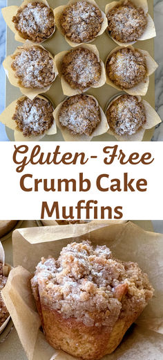 gluten - free crumb cake muffins with powdered sugar on top