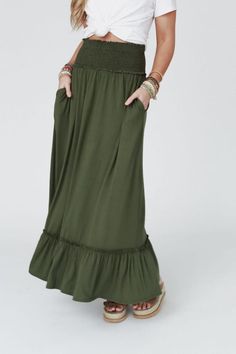 Rustic Romance Smocked Maxi Skirt - Dark Mocha | Three Bird Nest Flowy Tiered Bottoms For Beach, Flowy Tiered Beach Bottoms, Rayon Tiered Skirt For The Beach, Rayon Tiered Skirt For Beach, Beach Rayon Tiered Skirt, Bohemian Tiered Flowy Skirt, Flowy Tiered Bottoms For Vacation, Bohemian Maxi Skirt With Elastic Waistband For Day Out, Casual Ruffled Rayon Skirt