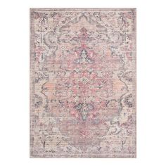 an antique style rug with pink and blue colors on the bottom, in front of a white background