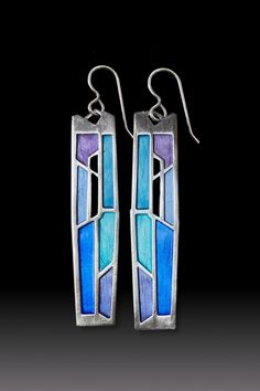 Silver Earrings - These champlev&eacute enamel earrings are hand fabricated and then cast in sterling silver before multiple layers of transparent vitreous enamel are applied to create the stained glass effect. Sterling silver French hook. Stained Glass Accessories, Contemporary Silver Enamel Jewelry, Transparent Earrings, Enameling Jewelry, Cloisonne Enamel Jewelry, Clay Arts, Stained Glass Earrings, Stained Glass Effect, Stained Glass Jewelry