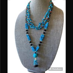 Beautiful, Southwestern Style Multi Strand Mix, Gem Necklace 2 Necklaces 18” Blue Adjustable Long Necklace, Adjustable Multi-strand Turquoise Blue Necklace, Bohemian Blue Turquoise Necklace With Natural Stones, Bohemian Blue Beaded Necklaces With Natural Stones, Blue Bohemian Beaded Necklace With Natural Stones, Blue Adjustable Lariat Long Necklace, Southwestern Turquoise Adjustable Necklace, Adjustable Blue Turquoise Southwestern Necklace, Handmade Southwestern Blue Beaded Necklace