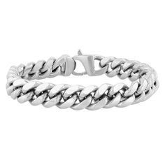 "This stainless steel curb link chain bracelet is a great way to add something new and exciting to your daily look. This stainless steel curb link chain bracelet is a great way to add something new and exciting to your daily look. Length: 8.75 in. Chain type: curb Metal: stainless steel Finish: polished, satin Packaging: velvety pouch Please note, due to the high value of this item, a signature may be required upon delivery. Size: 8.5"". Color: White. Gender: male. Age Group: adult." Metal Cuban Link Bracelet With Solid Construction, Metal Cuban Link Bracelet With Curb Chain, Cuban Link Bracelet With Curb Chain In Metal, Modern Cuban Link Bracelet With Silver Chain, Classic Metal Cuban Link Bracelet With Curb Chain, Modern Metal Cuban Link Chain Bracelet, Adjustable Cuban Link Chain Bracelet, Modern Stainless Steel Cuban Link Bracelet, Stainless Steel Cuban Link Bracelet With Curb Chain