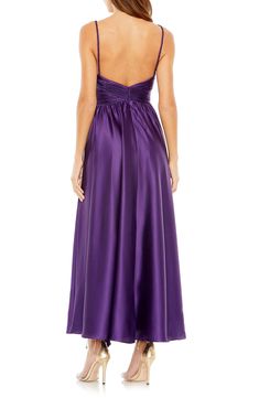 Dramatic ruching at the waist adds abundant texture to this stunning A-line gown. 60" length Hidden back-zip closure Deep V-neck Sleeveless Lined 100% polyester Spot clean Imported Asian & Pacific Islander Owned/Founded Red Carpet Dresses Prom, Mode Purple, Pleated Satin Dress, Neutral Dresses, Purple Midi Dress, Western Chic, Ruched Top, Engagement Dresses, Holiday Party Dresses