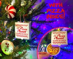 a christmas tree decorated with pizza ornaments and candy canes is featured in this ad