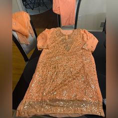 Fancy Formal Peach Pink Coral Color Party Wear Gotta Gota Patti Gotapati Work On Shirt And Dupatta Pit To Pit Almost 23 Id Say 45 Inch Bust Plain Pants Never Worn Soooooo Beautiful 3 Piece Outfit Perfect For Party Eid Wedding Festival Any Dressy Occassion Such A Gorgeous And Classy Look Designer Wedding Party Wear Bridesmaid / Punjabi Casual Muslim Afghani Bengali Indian Pakistani Arab Eid Sana Safinaz, Gul Ahmed, Khaadi, Asim Jofa, Farah Talib Aziz, Maria B, Faraz Manan, Sobia Nazir, Threads An Traditional Summer Kurta With Sequins, Traditional Sequined Summer Kurta, Unstitched Bollywood Salwar Kameez In Peach, Bollywood Style Party Kurta With Sequins, Party Sequin Straight Kurta, Festive Peach Kurta With Dabka Work, Bollywood Style Peach Kurta For Diwali, Peach Bollywood Kurta For Diwali, Semi-stitched Bollywood Style Peach Salwar Kameez