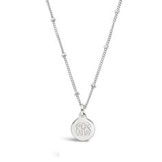 A classic monogram necklace is a must have for every woman's jewelry box! For a traditional monogram, the initial of the last name appears in the middle and is slightly larger. Please enter initials in the exact order that you want them to appear. For example, if your initials were FML, you would type FLM. Classic Initial Necklace As A Gift, Classic Engraved Initial Necklace As Gift, Classic Engraved Initial Necklace For Gift, Elegant Medallion Necklace With Initial Pendant As A Gift, Classic Silver Engraved Charm Necklace, Classic Silver Engraved Charm Necklaces, Classic Monogram Initial Necklace For Anniversary, Classic Formal Name Necklace With Initials, Classic Initial Necklace For Anniversary And Mother's Day