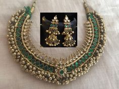 *It's South Indian Green Tussi Antique Gold Finish Indian Kundan Jewelry Necklace and Earrings Set. *It's 22 K Gold Plated made from 925 Silver using handcut stones like shown in picture and beaded with antique gold balls. *It's beautiful Ethnic Indian Wedding Choker with Statement Earrings. *It's Earrings are 2.8 Inch Long with Jumkhi. *Necklace and Earrings are same like shown in picture. *It will come with adjustable string which fits all Neck size. *Our all jewelry is made from semiprecious Kundan Jewellery Set, Kundan Jewelry, Antique Jewelry Indian, South Indian Jewelry, Jewelry Antique, Indian Wedding Jewelry, India Jewelry, Jewelry Design Necklace, Kundan Jewellery