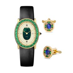 Radiating sophistication, this watch boasts an elliptical silhouette adorned with a circle of enchanting green Trapezoid Cut laboratory-grown gemstones, framed by a luxurious gold-plated stainless steel case. Paired with a black vertical-striped leather strap, its dial captures attention with two sparkling laboratory-grown diamonds amidst a captivating interplay of light on an intricate light gold texture and a mesmerizing green marble pattern. This gift set has two options. The Greenery Crown watch can be paired with an exquisite double bracelet, showing a fashionable Ins style; or an 8mm natural tiger eye stone bracelet, showing a retro and elegant style with contrasting gold and green colors; Whether you are a woman or a man, you can buy a suitable and thoughtful gift box set. Bracelet Formal Green Watches With Diamond Hour Markers, Formal Green Diamond Watch With Round Dial, Yellow Gold Oval Watch For Gift, Oval Quartz Watch For Formal Occasions, Oval Yellow Gold Watch As Gift, Oval Yellow Gold Watches For Gifts, Elegant Oval Watches For Evening, Elegant Green Watches With Rectangular Dial, Elegant Green Diamond Watch For Formal Occasions