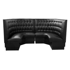 a black leather sectional sofa with the corner section facing off to the side, on an isolated white background