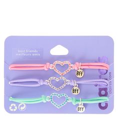 Pastel Heart Stretch Friendship Bracelets - 3 Pack | Claire's US Cute Purple Friendship Bracelets, Pink Heart Friendship Bracelets For Best Friend Gift, Pink Heart-shaped Friendship Bracelets, Cute Purple Charm Bracelet For Friendship, Bff Jewelry For 2, Friendship Bracelets Pink, Bracelets Bff, Bracelets Pink, Pastel Heart