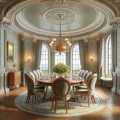 a dining room table with chairs and a chandelier