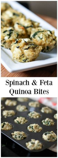 spinach and feta quinoa bites on a white plate next to a muffin tin