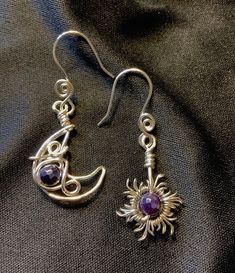 "Crescent moon and sun earrings , each have a gemstone bead.  You can choose shiny Copper , Silver or Oxidized Copper .    Silver has purple agate beads,  oxidized copper has moonstone beads and shiny copper has a Citrine bead in sun and a White gemstone in the crescent moon.  Drop length about 2\".   Any other beads can be used too for a custom order." Unique Sun And Moon Design Dangle Jewelry, Bohemian Jewelry With Moon Charm And Round Beads, Unique Dangle Earrings With Sun And Moon Design, Unique Sun And Moon Dangle Earrings, Unique Sun And Moon Design Dangle Earrings, Handmade Celestial Beads Jewelry, Handmade Celestial Jewelry With Round Beads, Celestial Wire Wrapped Moonstone Jewelry, Unique Adjustable Earrings With Moon Charm