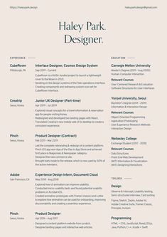 a professional resume for an interior designer in blue and white, with the name haley park