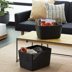 Black Banana Leaf Basket, The Feathered Farmhouse Black Wicker, Black Banana, Rectangular Baskets, Rustic Country Home, Basket And Crate, Home Decor Baskets, Wicker Baskets Storage, Basket Set, Water Hyacinth