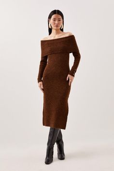 Velvet Knit Dress, Brown Knitted Dress, Brown Sweater Dress Outfit, Midi Dress With Boots, Formal Holiday Dress, Clothe Styles, Flat Shoes Outfit, Brown Knit Dress, Holiday Formal Dresses