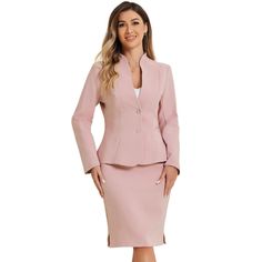 The pencil skirt complements the elegant business blazer perfectly and has a slimming effect that enhances your curves. This solid color 2-piece set has a collarless neckline that makes it more modern and sleek. You can also wear it on special or semi-formal occasions like weddings, church, business, interviews, parties, or any other important event. Suitable for spring, autumn, winter, and many occasions, such as formal occasions, interviews, business, office, daily work, meetings, churches, an Professional Single Breasted Skirt Suit For Office, Professional Single Breasted Skirt Suit, Professional Single-breasted Skirt Suit For Office, Single Breasted Skirt Suit For Office, Fitted Notch Lapel Blazer For Office, Office Lady Single Breasted Skirt Suit, Single Breasted Office Skirt Suit, Fitted Professional Skirt Suit For Formal Occasions, Elegant Pencil Skirt Suit For Semi-formal Occasions