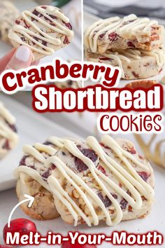 cranberry shortbread cookies with white icing on top and the words melt in your mouth