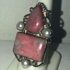 Artisan Crafted Rhodochrosite & White Freshwater Pearl Gemstones (31.50 Cts) In Ster Silver Ring *Adjustable 7-9 Tourmaline Ring With Natural Stones, Tourmaline Natural Stones Ring Jewelry, Tourmaline Natural Stones Ring, Anniversary Tourmaline Jewelry With Natural Stones, Adjustable Pink Opal Gemstone Jewelry, White Pink Opal Gemstone Jewelry, Pink Opal Gemstone Jewelry For Gift, Pink Opal Gemstone Jewelry Gift, Elegant Rhodonite Jewelry Gift