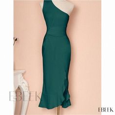 Elegant Womens Party Dress - Ladies Gown Fitted One-shoulder Midi Dress For Prom Season, Fitted One-shoulder Midi Dress For Prom, Chic One-shoulder Party Gown, Summer Party Sheath Evening Dress, Green Sheath Party Dress, Green Sheath Dress For Party, Fitted Green Midi Dress For Prom Season, Fitted Green Midi Dress For Prom, Green Fitted Midi Dress For Prom