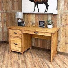 The Sierra Study Desk is finished in the Traditional Rustic Medium light stain. The Black Contrasting Hardware sets the desk off and makes it extremely versatile to fit any style whether traditional or not! The desk includes a 3 drawers: 1 pencil drawer, 1 filing drawer, and 1 storage drawer. 57"(W) x 24"(D) x 31 1/2"(H) SKU: BNZESC30-SM Wooden Desk Ideas, Wood Desk With Drawers, Country Desk, Wood Desk Design, Wood Office Desk, Rustic Desk, Leather Sofa Set, Traditional Rustic, The Desk