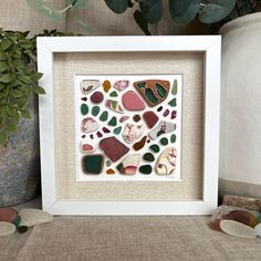 a white frame with some different colored rocks in it and a potted plant next to it